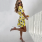 Women's Printed Lapel V-Neck Long Dress with Belt