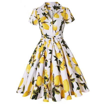 Women's Printed Lapel V-Neck Long Dress with Belt