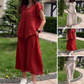 Loose Solid Color V-Neck Dress with Pleated Front