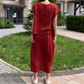 Loose Solid Color V-Neck Dress with Pleated Front