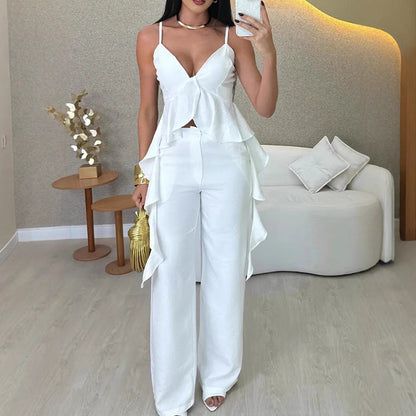 Women's Solid Color V-Neck Camisole & Straight Pants Two Piece Set