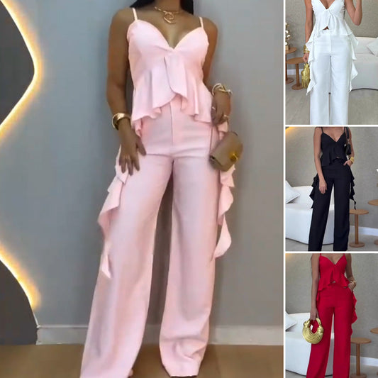 Women's Solid Color V-Neck Camisole & Straight Pants Two Piece Set