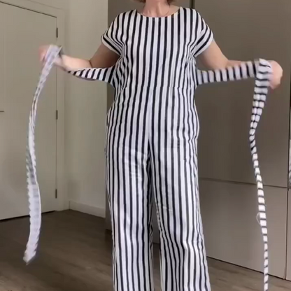 Women's Short Sleeve Striped Lace-up Wide-leg Jumpsuit