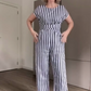 Women's Short Sleeve Striped Lace-up Wide-leg Jumpsuit