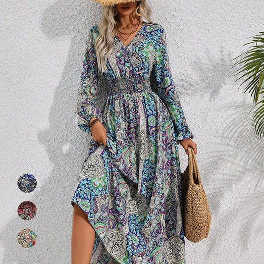 V-Neck Printed Long Sleeve Maxi Dress