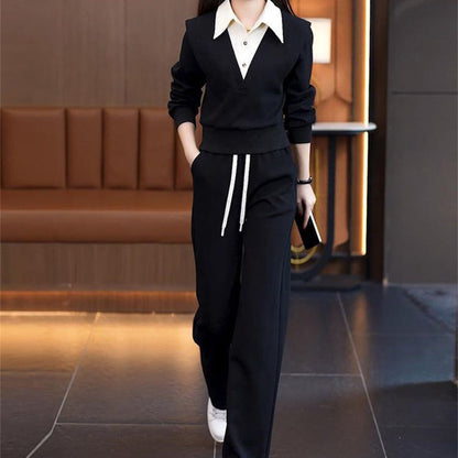 Women's Shirt Collar Top & Drawstring Bottom Set