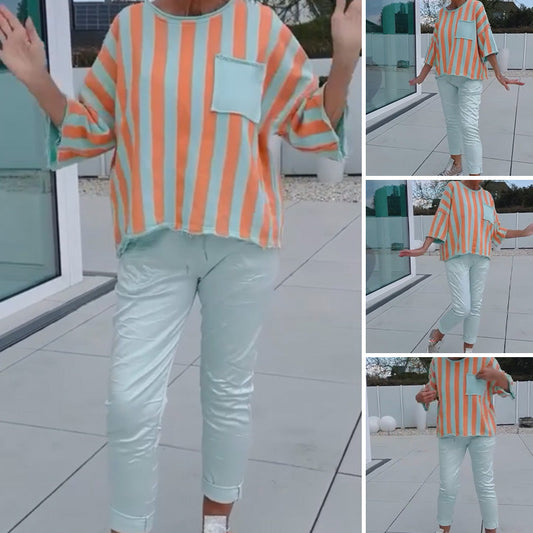 Colorblock Striped Top & Tight Pants Set