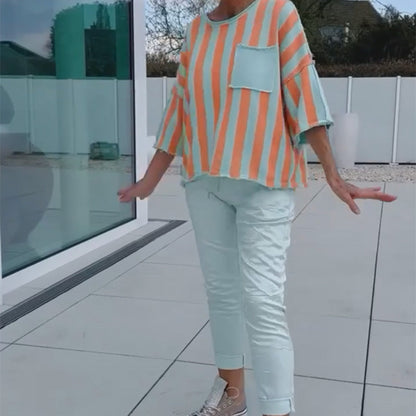 Colorblock Striped Top & Tight Pants Set
