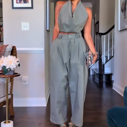 Simple Backless Sleeveless Top & Pants Set