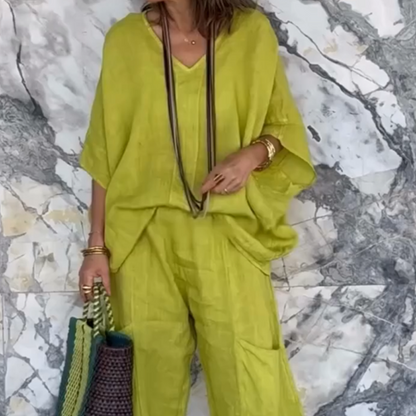 Women's Casual V-Neck Top & Loose Pants Set