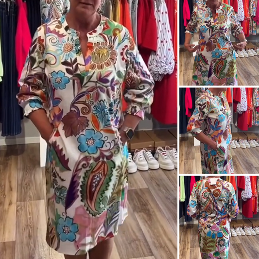 Women's V-Neck Colorful Print Slightly Puff Sleeve Midi Dress