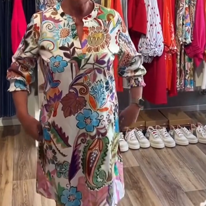 Women's V-Neck Colorful Print Slightly Puff Sleeve Midi Dress