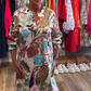 Women's V-Neck Colorful Print Slightly Puff Sleeve Midi Dress