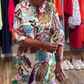 Women's V-Neck Colorful Print Slightly Puff Sleeve Midi Dress