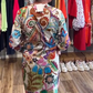 Women's V-Neck Colorful Print Slightly Puff Sleeve Midi Dress