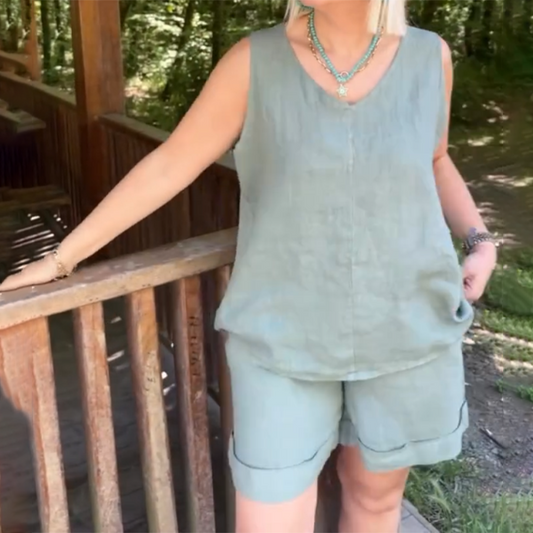 Women's Casual V-Neck Sleeveless Top & Shorts Set