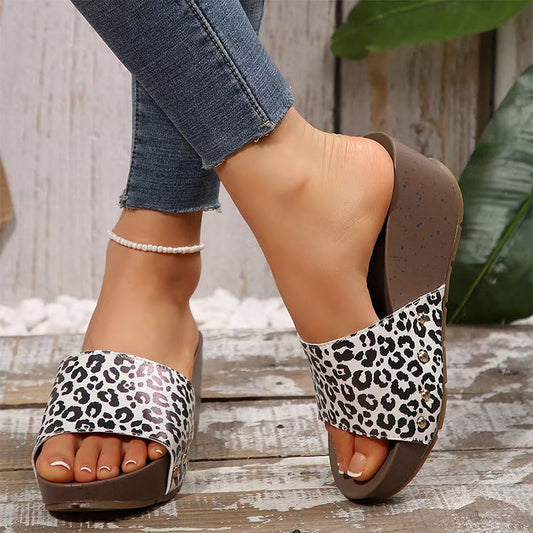 Women's Leopard Platform Slip-On Wedge Sandals