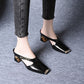 Women's Casual Metal Square Toe Mid Block Heel Mules
