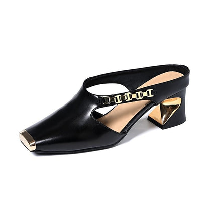 Women's Casual Metal Square Toe Mid Block Heel Mules