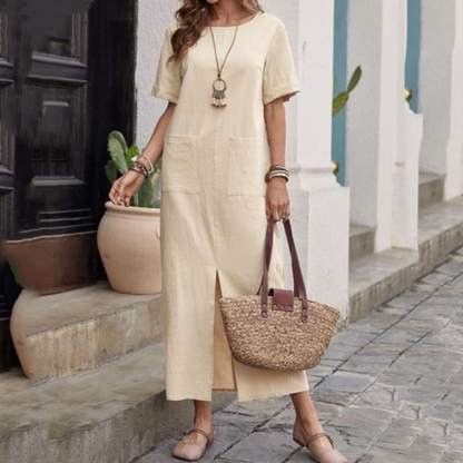 Cotton-Linen Loose Round-Neck Dress