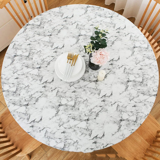 Marble Printed Round Fitted Table Cover with Elastic Edges