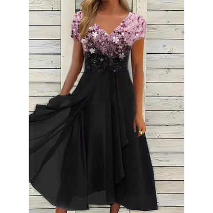Women's Summer V-Neck Printed Patchwork Dress