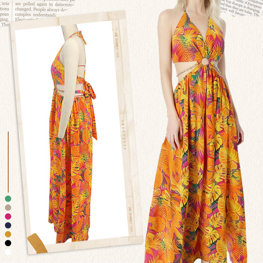 🎉🛍️Special Sale 55% OFF💃Women's Fashionable Halter Backless Printed Long Dress