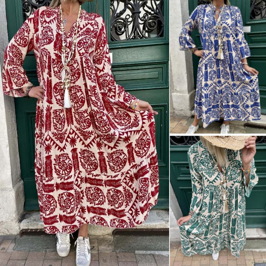 Women's Printed V-Neck Pleated Dress