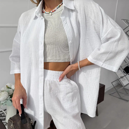 Women's Casual Shirt & Elastic Waist Shorts 2-Piece Set
