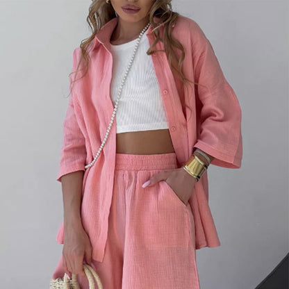 Women's Casual Shirt & Elastic Waist Shorts 2-Piece Set
