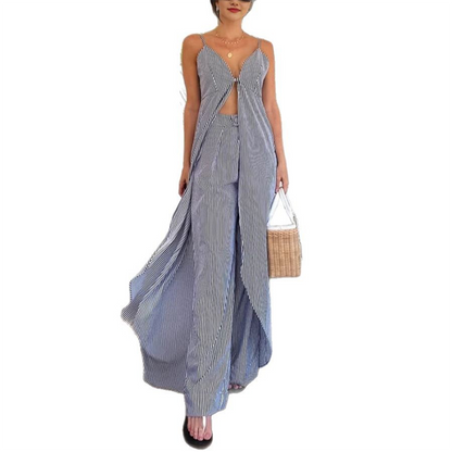 Women's Striped Sleeveless Slit Long Tops ＆ Pants Set