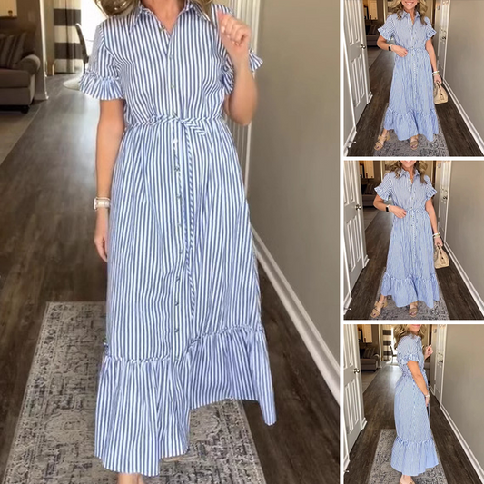 Blue & White Striped Ruffled Tie Dress