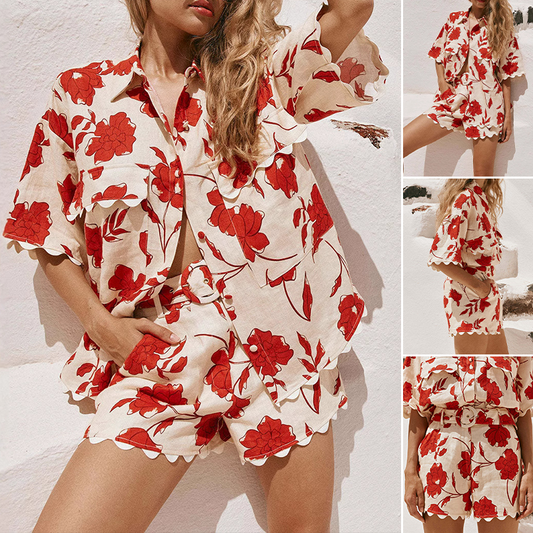 Women's Vintage Floral Print Shirt & Shorts Two-Piece Set