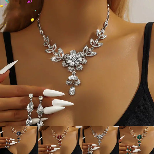 Women’s Rhinestone Floral Necklace ＆ Teardrop Earrings Set
