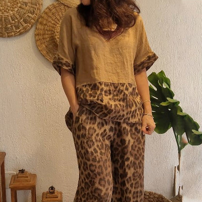 🎨Stylish Patchwork Short Sleeve Top & Wide Leg Pants Two Piece Set👯