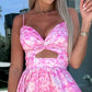 Pink Floral Print Waist Cutout V-Neck Sleeveless Dress