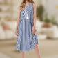 Casual Blue & White Striped Print Round Neck Sleeveless Dress
