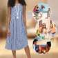 Casual Blue & White Striped Print Round Neck Sleeveless Dress