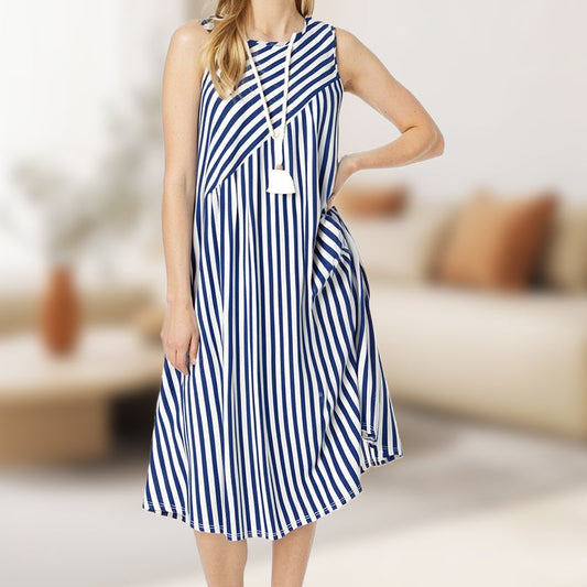 Casual Blue & White Striped Print Round Neck Sleeveless Dress