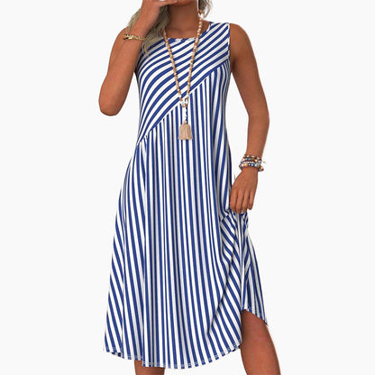 Casual Blue & White Striped Print Round Neck Sleeveless Dress