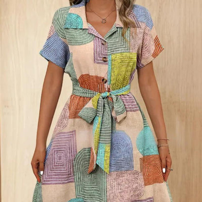 Short-Sleeve Belted Printed Midi Dress