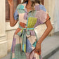 Short-Sleeve Belted Printed Midi Dress