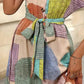 Short-Sleeve Belted Printed Midi Dress