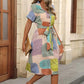 Short-Sleeve Belted Printed Midi Dress