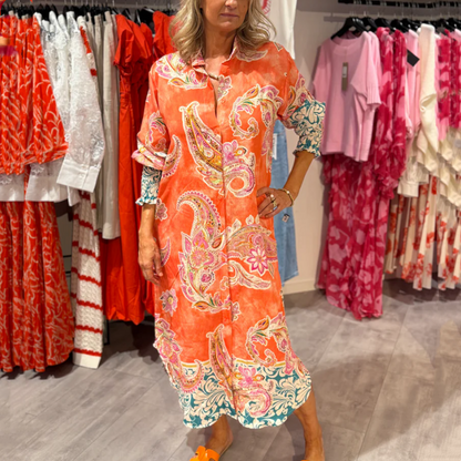 Women's Printed Long Sleeve V-Neck Long Dress