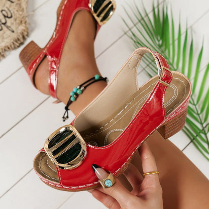 Metal Buckle Strap Peep-toe Mid Heel Sandals