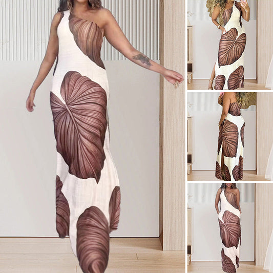 Palm Print One-Shoulder Slim Maxi Dress