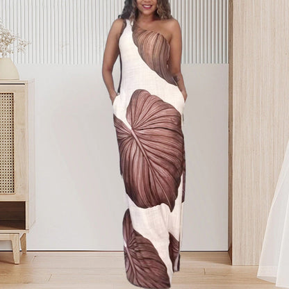 Palm Print One-Shoulder Slim Maxi Dress