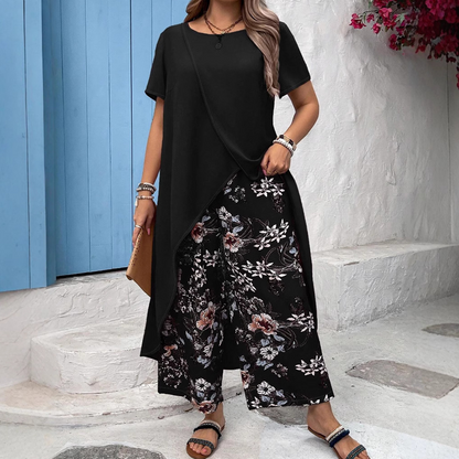 Women's Solid Color Top & Printed Pants Set