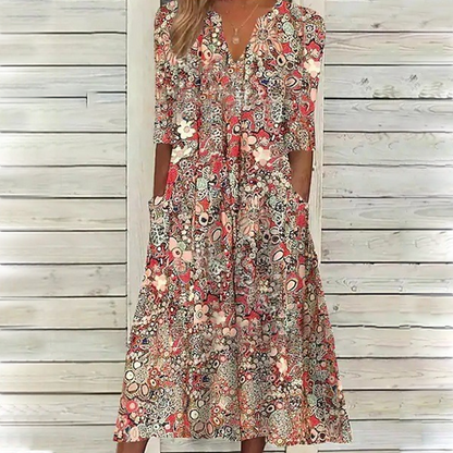 Women's Casual Floral Print V-Neck Loose Fit Dress